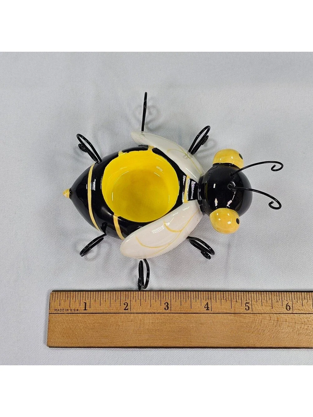 Ceramic Bumble Bee Tea Light Candle Holder Pair Yellow Black Striped Wire Legs